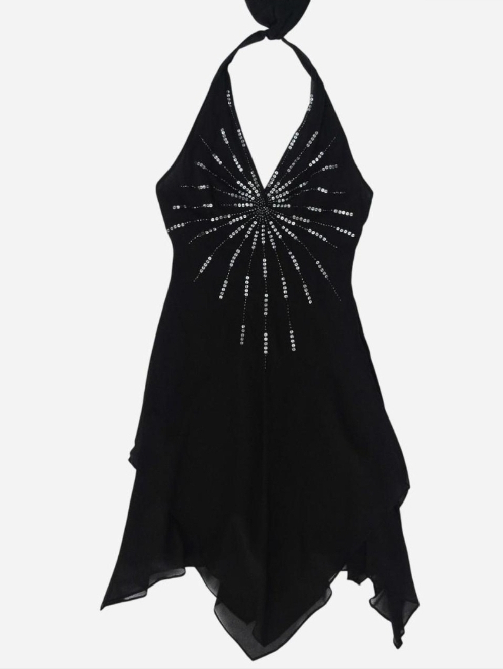 Vintage Y2K Sequin Starburst Halter Asymmetrical Dress Black Silk Size 2 Fairy